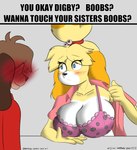 absurd_res ambiguous_gender animal_crossing anthro big_breasts blushing_profusely boobs?_wanna_touch_boobs? bra breasts brother_(lore) brother_and_sister_(lore) canid canine clothed clothing digby_(animal_crossing) duo english_text female female_focus flashing flashing_breasts frilly frilly_clothing frilly_underwear hi_res huge_breasts implied_incest incest_(lore) inviting isabelle_(animal_crossing) looking_at_breasts male_(lore) mammal meme nintendo open_clothing open_shirt open_topwear shirt sibling_(lore) sister_(lore) solo_focus text topwear twincest_(lore) twins_(lore) underwear vexxyvex