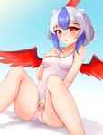 2023 :o animal_humanoid avian avian_humanoid ayatori bird_humanoid blush blush_lines breasts clothing digital_media_(artwork) feathers female hair hand_on_breast hand_on_panties hi_res horn horned_humanoid humanoid looking_sideways one-piece_swimsuit open_mouth red_body red_eyes red_feathers sitting sky small_horn solo swimwear tokiko_(touhou) white_clothing white_hair white_swimwear wings