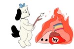 3:2 ambiguous_gender anthro antifa biped black_ears black_tail blue_clothing bow_ribbon campfire canid canine canis clothing domestic_dog flag flag_(object) fur hair holding_object holding_stick ku_klux_klan mammal nazi_flag paws pedophilia_pride_colors pepper_(puppkittyfan1) politics puppkittyfan1 smile solo stick swastika tail white_body white_fur white_hair