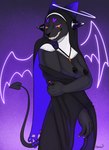 anthro breasts clothing demon eyes_closed felid feline female halo hi_res hoccult mammal membrane_(anatomy) membranous_wings miss_prudence nude nun_outfit skinny solo undressing wings