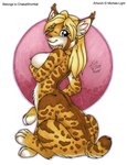 2024 blonde_hair blue_eyes breasts chakat english_text felid felid_taur female fur hair herm_(lore) mammal mammal_taur michele_light nipple_piercing nipples nude piercing pink_nose short_tail shorttail solo tail taur text traditional_media_(artwork) yellow_body yellow_fur