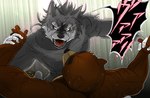 2014 anthro attack_on_titan bear black_bear brown_body brown_fur canid canine canis colored comic duo_focus fight fur grey_body grey_fur group juuichi_mikazuki kounosuke_(morenatsu) male mammal moon_bear morenatsu muscular muscular_anthro muscular_male parody poge_jirushi raccoon_dog scar sharp_teeth taking_picture tanuki teeth ten_kodori trio ursine wolf