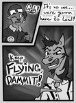 absurd_res angry anthro argument aviator_cap bomber_jacket clothed clothing comic dialogue digital_media_(artwork) duo english_text equid equine fur greyscale hair halcyon_(series) headgear hi_res horse lost_andsafe male mammal manager_(halcyon) monochrome mustelid necktie open_mouth otter patch_(fabric) pilot pilot_(halcyon) simple_background speech_bubble text topwear