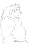 anthro belly canid canine canis clothing domestic_dog eyebrows heylaw21 hi_res lifewonders live_a_hero male mammal mokdai musclegut muscular shirt side_view smile solo tank_top thick_eyebrows topwear