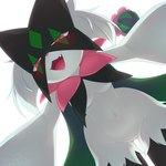 1:1 absurd_res alternate_version_at_source anthro blush breasts cotora cute_fangs female flower frill_(anatomy) fur generation_9_pokemon green_body green_fur hi_res jagged_mouth mask medium_breasts meowscarada navel neck_frill nintendo open_mouth pink_eyes pink_nose plant pokemon pokemon_(species) simple_background solo tongue white_background