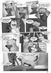 anthro bed bedroom blackmailz blush butt canid canine canis clenched_teeth comic dialogue domestic_dog english_text felid fur furniture gray_(blackmailz) greyscale grin hector_(blackmailz) hi_res laugh male mammal monochrome nude pantherine smile tail teeth text tiger