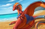 2021 akineza anthro beach blue_eyes breasts butt claws clothed clothing day detailed_background dragon european_mythology eztli_(user_55) female hair horn looking_at_viewer mythological_creature mythological_scalie mythology non-mammal_breasts outside red_body sand scalie seaside shoreline sky smile solo swimwear tail water western_dragon winged_arms wings wyvern