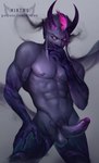 abs balls biceps big_balls big_muscles big_penis covering covering_mouth covering_own_mouth covering_self crossgender demon erection evelynn_(lol) genitals heterochromia hi_res horn humanoid league_of_legends male mintwo muscular muscular_male nude obliques pecs penis pink_eyes pinup pose purple_body purple_penis purple_skin riot_games saggy_balls solo tencent thick_penis thick_thighs yellow_eyes