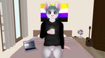 16:9 andromorph anthro bed bedroom beverage bottomless clothed clothing container cup digital_media_(artwork) furniture genitals glass half_naked hi_res holding_glass holding_object intersex lgbt_pride looking_at_viewer mammal mouse murid murine mynka no_underwear nonbinary_(lore) nonbinary_pride_colors pantsless pride_color_flag pride_colors pussy rodent shirt solo tail topwear widescreen