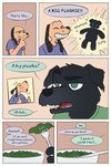 2:3 absurd_res anthro canid canine canis clothing comic dave_(demilittleguy) demilittleguy dialogue domestic_dog duo eating elio_(demilittleguy) encouragement english_text food green_clothing green_shirt green_topwear hi_res male mammal open_mouth plushie purple_clothing purple_shirt purple_topwear salad shirt smile text topwear