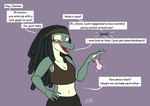 absurd_res accessory anthro athletic athletic_anthro athletic_female blush bottle bottomwear breasts clothing container crop_top demi_(itsymitsy) dialogue dreadlocks empty_bottle english_text erect_nipples female green_body headband hi_res iguana iguanid licking licking_lips lidded_eyes lizard multicolored_body nipple_outline nipples open_mouth orange_eyes reptile scalie sharp_teeth shirt skirt small_breasts smug solo speech_bubble standing teeth text tongue tongue_out topwear trans_(lore) trans_woman_(lore) two_tone_body wayesh white_body