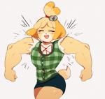 :d animal_crossing anthro biceps blush bottomwear canid canine canis clothed clothing domestic_dog eyes_closed female floppy_ears fur hi_res isabelle_(animal_crossing) mammal manly monotone_bottomwear monotone_clothing monotone_skirt muscular muscular_anthro muscular_female nintendo open_mouth pencil_skirt shih_tzu shirt simple_background skirt smile solo standing teeth thick_thighs tongue top_heavy topwear torn_clothing toy_dog triceps white_background yellow_body yellow_fur zambiie