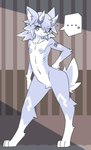 anthro areola big_areola big_nipples blue_body blue_fur blue_horn canid featureless_crotch female flat_chested fur hi_res horn kiukiu mammal nipples silence solo sunya_(kiukiu) tomboy white_body white_fur