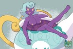 3:2 bathing big_breasts blue_hair breasts female generation_8_pokemon hair hi_res humanoid illya_(shadyshadsie) looking_at_viewer nintendo nipples nude pokemon pokemon_(species) polteageist purple_body solo sudsypup teapot yellow_eyes yellow_nipples