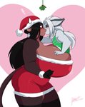 2020 anthro big_breasts blush bovid bovine breasts canid canine cattle christmas christmas_clothing christmas_headwear clothing duo female hair hat headgear headwear hi_res holidays huge_breasts hyper hyper_breasts jwinkz kiss_on_lips kissing lingonberry male mammal plant santa_hat shaze signature summer_(jwinkz) surprise_kiss