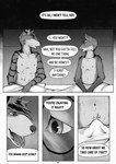 anthro arcsuh black_and_white canid canine comic dialogue digital_media_(artwork) duo english_text equid equine eyewear fur genitals glasses hair hi_res hybrid lynn_(arcsuh) male male/male mammal monochrome nipples open_mouth procyonid raccoon simple_background speech_bubble striped_body stripes text zebra zeek_(arcsuh)