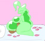 2023 anthro bed belly big_belly big_butt blaziken breasts butt cuddling duo erauue faceless_character faceless_male female furniture generation_3_pokemon goo_creature green_body hair happy hi_res human male male/female mammal nintendo petals pillow pokemon pokemon_(species) rizzo_(zdog909) romantic rose_petals roxy_(zdog909) signature slightly_chubby slime