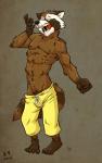 2014 abs anthro biceps brown_body brown_fur clothed clothing digital_media_(artwork) eyes_closed fur guardians_of_the_galaxy hi_res k-9 male mammal marvel muscular muscular_anthro muscular_male open_mouth pecs procyonid raccoon rocket_raccoon solo tail topless