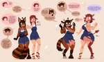 5:3 abdominal_bulge ahoge alternate_species anklet anthro aquamarine_eyes belly big_breasts bodily_fluids bottle bovid bovine breasts breasts_and_teats brown_body brown_eyes brown_fur brown_hair canid canine cattle clothing container dairy_products deep_navel denim_overalls dialogue duo elbow_nudge emotes english_text expansion female female/female food footwear freckled_chest freckled_face freckles fur furrification green_eyes growth hair hairpiece hi_res hooves horn hucow human jewelry lactating mammal markings mentalcrash milk milk_bottle navel nipples nudging overalls pawpads procyonid projectile_lactation raccoon raccoon_dog red_body red_fur red_hair sandals shirt shoes slightly_chubby species_change striped_markings striped_tail stripes tail tail_growth tail_markings tanuki teats text topwear torn_clothing transformation udder_expansion udder_growth udder_lactation udders weight_gain white_clothing white_shirt white_topwear