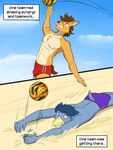 3:4 anthro avian ball beach bird bluebird bulge canid canine canis clothed clothing comic coyote duo english_text fuze hi_res josh_oliver male mammal mond_reyes navel nipples oscine passerine speedo speedo_only sport swimwear texnatsu text thrush_(bird) topless volleyball volleyball_(ball)