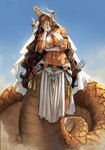 abs apode bandage bandaged_arm belt bottomwear breasts brown_belt brown_body brown_hair brown_scales cleavage clothed clothing criss_cross_halterneck dagger draconcopode dreadlocks face_veil female hair halterneck hi_res horn humanoid lamia legless looking_at_viewer markings melee_weapon monster_girl_(genre) muscular muscular_female pelvic_curtain polearm reptile robusta_mania scales scalie scar serpentine skull_helmet snake solo spear split_form spots spotted_body spotted_skin tail topwear veil wavy_hair weapon white_bottomwear white_clothing white_horn white_topwear x_scar yellow_eyes