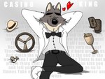 anthro bow_tie canid canine canis clothing dreamworks grin heart_symbol hi_res looking_at_viewer lyrics male male_anthro mammal mr._wolf_(the_bad_guys) plantigrade relaxing skylinesouth2023 smile smug solo story suit the_bad_guys wolf