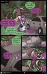 absurd_res anthro car clothed clothing comic duo english_text female forest hi_res hybrid inside_car inside_vehicle magic_user male outside plant reptile roxythefoxy scalie slithering snake text transformative_collar tree vehicle