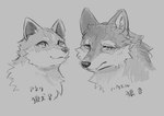 2024 aneri_(tsukune_minaga) canid canine canis character_name cheek_tuft closed_smile countershading digital_media_(artwork) duo facial_markings facial_tuft female feral fluffy fur greyscale haueru_(tsukune_minaga) head_markings headshot_portrait hybrid japanese_text male mammal markings monochrome mouth_closed multicolored_body multicolored_fur pointy_ears portrait prick_ears sketch smile text three-quarter_view tsukune_minaga tuft wolf wolfdog