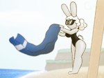 4:3 anthro ashely_winters_(guak) beach beach_towel big_breasts black_clothing black_swimwear blurred_background breasts clothing curvy_figure eyewear female fluffy fluffy_hair fluffy_tail fur grey_body grey_fur guak hair hair_bun lagomorph leporid mammal one-piece_swimsuit rabbit sea solo sunglasses swimwear tail text thick_thighs towel water white_hair