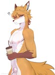 absurd_res anthro balls blue_eyes blush breasts brown_body brown_fur canid canine coffee_cup container cup fox fur genitals hair hi_res looking_at_viewer male mammal nipples nude orange_body orange_fur ranadi simple_background solo tail white_body white_fur