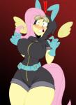 2017 4_fingers anthro belt big_breasts blush breasts clothed clothing digital_media_(artwork) equid equine exclamation_point eyelashes eyewear female fingers floating_wings fluttershy_(mlp) friendship_is_magic gloves goggles gradient_background hair handwear hasbro jrvanesbroek mammal my_little_pony mythological_creature mythological_equine mythology nipple_outline pegasus pink_hair simple_background solo standing teeth thick_thighs tight_clothing unusual_anatomy unusual_wings wide_hipped_female wide_hips wings