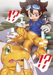 ?! agumon anthro bandai_namco bodily_fluids brown_eyes brown_hair digimon digimon_(species) duo eyewear eyewear_on_head goggles goggles_on_head green_eyes hair hi_res human male mammal mid_transformation scalie skink_hisshiss sweat taichi_kamiya transformation yellow_body