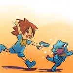 1:1 alternate_species blue_body blue_skin brown_hair cosplay duo feral generation_2_pokemon hair hitec human humanized male mammal nintendo open_mouth pokemon pokemon_(species) red_eyes short_hair tail totodile toy toy_gun water water_gun