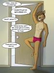 3:4 bulge casey_ramser clothed clothing comic deer detailed_bulge dialogue digital_media_(artwork) door english_text full-length_portrait fuze genital_outline hi_res male mammal offscreen_character penis_outline portrait pose seductive skimpy slim solo texnatsu text underwear