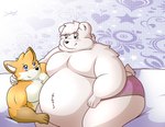 anthro bear bed belly belly_fluff blush canid canine clothed clothing cuddling duo fox fur furniture hair hand_on_neck hi_res male male/male mammal moobs muscular muscular_anthro obese obese_anthro obese_male orange_body orange_fur orange_hair overweight overweight_anthro overweight_male pink_clothing pink_underwear polar_bear puffed_cheeks underwear underwear_only ursine white_body white_fur white_hair zac_(soft_fantaises) ziul_husky