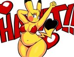 absurd_res anthro anthrofied belly bikini blackmore breasts cleavage clothed clothing cosplay_pikachu_(character) female generation_1_pokemon hi_res navel nin10doh! nintendo pikachu pokemon pokemon_(species) pokemon_snap_xxx pokemorph slightly_chubby solo suggestive_pose swimwear two-piece_swimsuit