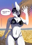 alternative_fashion anthro beach breasts cleavage clothed clothing english_text evolucifer exposure_variation female front_view goth hare hi_res lagomorph latex latex_clothing leporid mammal navel rubber_clothing solo swimwear text under_boob white_body