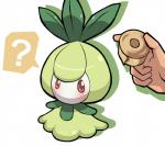 ambiguous_gender blush disembodied_hand duo elemental_creature flora_fauna generation_5_pokemon hein_(pixiv) humanoid mouthless nintendo not_furry petilil pink_eyes plant pokemon pokemon_(species) question_mark simple_background solo_focus speech_bubble tape white_background