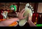 3d_(artwork) absurd_res ambiguous_gender anthro black_border border caryll_(chappey) celdwyn_(artist) claws clothed clothing colored_claws digital_media_(artwork) diner feet female first_person_view food foot_fetish foot_focus foot_on_table foot_rub hi_res human humanoid humanoid_feet lizard mammal petruz_(copyright) pizza plantigrade reptile restaurant scalie source_filmmaker_(artwork) watermark