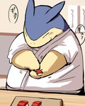 Rating: s
ID: 2745077
Date: 2021-05-18 18:44:49 -0400
Status: active
Score: 11
2021 4:5 anthro avoid_posting biped blue_body blush clothed clothing eyes_closed food generation_2_pokemon hi_res inside japanese_text kemono multicolored_body nintendo overweight paws pokemon pokemon_(species) solo sushi text two_tone_body typhlosion wanisuke post #2745077