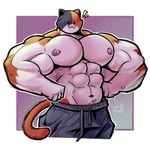 2024 abs anthro areola barazoku biceps big_muscles big_pecs border bottomwear clothed clothing deltoids domestic_cat dot_eyes emanata epic_games felid feline felis flexing fortnite fur hi_res huge_muscles huge_pecs its_coldpizza male mammal manly meowscles muscular muscular_anthro muscular_male navel nipples pants pecs purple_background serratus signature simple_background smile solo standing sweatpants thick_arms topless topless_anthro topless_male tuft white_border