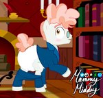 big_diaper blush book bookshelf bottomwear bottomwear_down brown_eyes clothed clothing diaper diaper_fetish earth_pony equid equine eyewear feral fireplace friendship_is_magic furniture glasses hair hasbro horse male mammal mommymidday multicolored_hair my_little_pony pants pants_down partially_clothed pink_hair pony solo suit svengallop_(mlp) two_tone_hair two_tone_tail underwear wearing_diaper