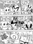 2019 3:4 5_panel_comic ambiguous_gender answer antennae_(anatomy) anthro biped black_and_white black_eyes black_nose black_text bodily_fluids branch celebi celebi_(yapc) cheek_spots comic dialogue digital_media_(artwork) eevee elekid english_text exclamation_point eyebrows eyes_closed feral flavia-elric fluffy fluffy_tail fur generation_1_pokemon generation_2_pokemon grass group legendary_pokemon looking_at_another lux_(yapc) monochrome mouth_closed neck_tuft neil_(yapc) nintendo open_mouth outside paris_(yapc) pichu plant pokemon pokemon_(species) pokemon_mystery_dungeon pupils quadruped question question_mark sentret shrub sparkles speech_bubble spike_chunsoft sweat sweatdrop tail talking_to_another terry_(yapc) text tree tuft walking white_sclera wings