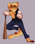 anthro baseball_bat bat_(object) blonde_hair bottomwear clothing cyamallo_(artist) denim denim_bottomwear denim_clothing felid feline fur hair hi_res jacket jeans leaning_on_object looking_down male mammal narrowed_eyes orange_body orange_fur pants phoenix_(maxspec) simple_background smug solo topwear yellow_body yellow_fur