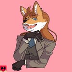 1:1 2024 absurd_res anthro black_nose blue_eyes canid canine clothing colored digital_drawing_(artwork) digital_media_(artwork) eyelashes female formal_clothing fox fur gloves hair handwear hi_res laugh long_hair mammal necktie open_mouth orange_body orange_fur orange_hair red_fox shaded signature silly simple_background solo stallneon true_fox watermark white_body white_fur youngneil