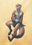 2023 anthro clothing hi_res luikatje male mammal mustelid nipples otter painting_(artwork) plantigrade solo speedo swimwear traditional_media_(artwork) watercolor_(artwork)