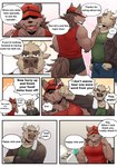 absurd_res anthro boss_(gym_pals) bottomwear bovid bovine canid canine canis cattle clothing comic dialogue duo english_text gym_pals h155296 hat headgear headwear hi_res holiday_message holidays male mammal manager_(gym_pals) new_year punch shirt shorts tank_top text topwear wolf