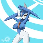 2019 3_fingers anthro areola artist_name big_breasts breasts chest_horn crossgender digital_media_(artwork) english_text eyebrows eyelashes female fingers gallade generation_4_pokemon genitals hair hi_res latiar nintendo nipples nude number one_eye_closed open_mouth pokemon pokemon_(species) pokemorph pupils pussy red_eyes shiny_pokemon simple_background solo standing text tongue white_sclera white_text wide_hips