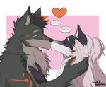 anthro asmodegan canid canine canis demon duo ear_piercing english_text female fluffy fox fur fur_markings green_the_wolf hair heart_symbol hi_res hybrid kiss_on_lips kissing long_hair male male/female mammal markings piercing romantic romantic_couple sonofan text wolf