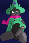 absurd_res anthro balls big_penis black_body black_eyes black_fur black_wool clothing cult_of_the_lamb deltarune erection eyewear foreskin fur genitals glasses goat_(cult_of_the_lamb) hat headgear headwear hi_res horn humanoid_genitalia humanoid_penis lifting_robe long_penis male massive_monster_(studio) pawsta penis ralsei round_glasses scarf solo undertale_(series) wool_(fur)